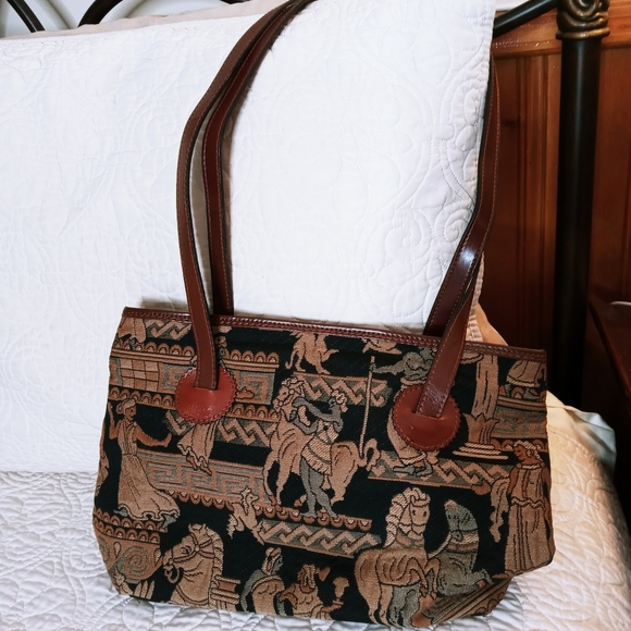 ETRUSCO VINTAGE ITALIAN MADE LEATHER & TAPESTRY SHOULDER BAG -TANS GRAYS BLACK - Picture 2 of 16